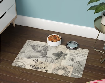 Vintage Style Pet Food Mat, Floral Design, Dog Cat Feeding