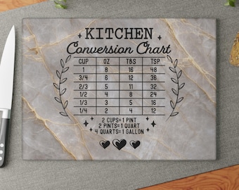 Puede incluir: Una tabla de cortar rectangular de vidrio con un patrón de mármol gris claro y dorado. El centro presenta una tabla de conversión de cocina impresa en negro con medidas para tazas, onzas, cucharadas, cucharaditas, conversiones y corazones.