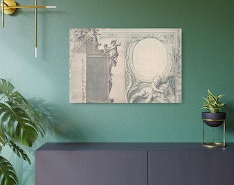 Puede incluir: Una impresión de arte mural rectangular que presenta una ilustración monocromática y detallada de elementos arquitectónicos ornamentados, incluyendo un marco rectangular, un medallón circular y figuras de querubines en un estilo grabado clásico.