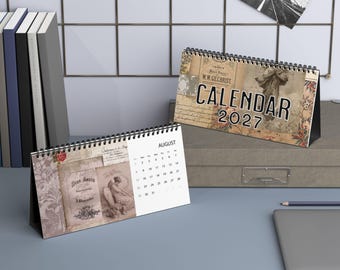 Calendrier de bureau chrétien 2027 | Illustration religieuse vintage d'ange français pour la décoration de bureau | Agenda de bureau à spirale | Idée cadeau de Noël
