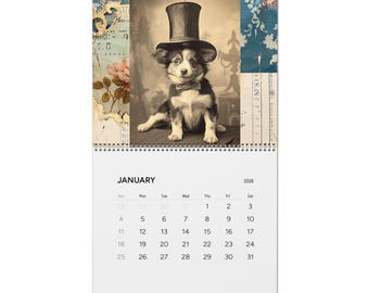 Calendario de pared vintage de perros 2026, arte victoriano de cachorros