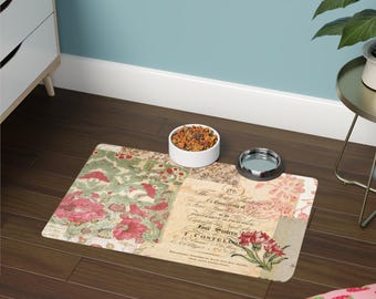 Vintage Floral Pet Food Mat, French Country Kitchen Decor (12x18)