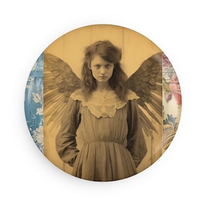 May include: A vintage-style photograph of a woman with wings, wearing a long dress. The image is surrounded by a decorative border with floral patterns.