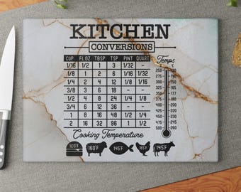 Puede incluir: Una tabla de cortar rectangular de cristal con un patrón de mármol blanco y dorado. La superficie presenta texto impreso en negro que incluye una tabla de conversión de cocina, una escala de temperatura e iconos de cocción de carnes.