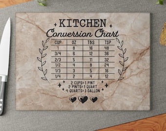 Puede incluir: Una tabla de cortar rectangular de vidrio con un patrón de mármol beige que presenta una tabla de conversión de cocina impresa en negro. La tabla muestra medidas para tazas, onzas, cucharadas y cucharaditas, conversiones de volumen y tres corazones.