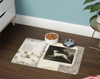 Boho Dog Cat Food Mat, Victorian Puppy Art, Kitchen Decor
