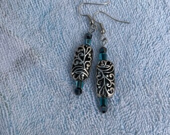 Blue and silver glass drop earrings