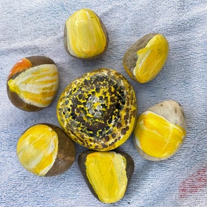 Two sided painted sunflower garden rocks