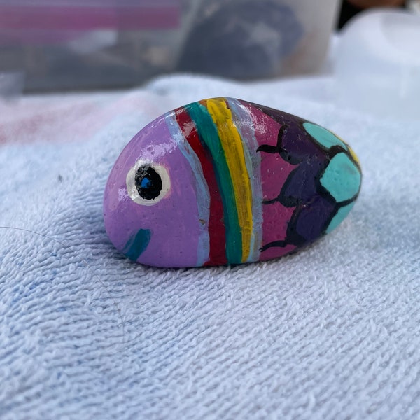 Rainbow fish painted garden rock