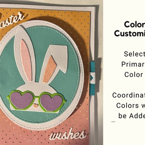 May include: Easter greeting card featuring a white bunny with heart-shaped sunglasses. The bunny is set against a teal circle, with the word "Easter" above and "wishes" below. The card has a color customize option.