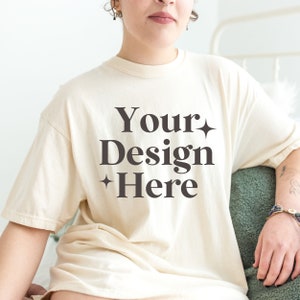 Comfort Colors C1717 Ivory Shirt Mockup - Oversized Mockup - Ivory Shirt - Ivory Comfort Color Shirt Mock - Model Mock up - pajama shirt moc