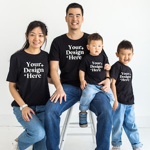 family mockup group tshirts mockup multiple black tshirts mockup printify mockup Bella Canvas 3001 tshirt mockup diverse mockup Asian mockup