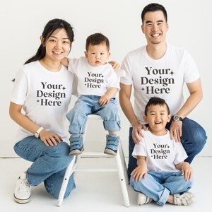 family mockup group tshirts mockup multiple white tshirts mockup printify mockup Bella Canvas 3001 tshirt mockup diverse mockup Asian mockup