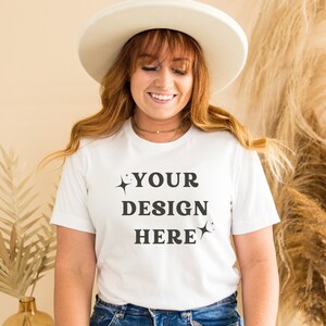 Boho Shirt Mockup| Bella Canvas 3001 Mockup| White T-shirt Mockup| Hanging Shirt Mockup| Cute Shirt Mockups| Model Mockup Shirt - Fall mock