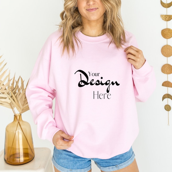 Gildan 18000 Sweatshirt Mockup Light Pink Heavy Blend Sweatshirt Model Mockup Light Pink Mockup JPEG PNG Digital Mockup POD Mockup Boho Mock