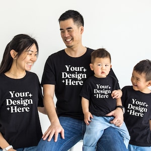 family mockup group tshirts mockup multiple black tshirts mockup printify mockup Bella Canvas 3001 tshirt mockup diverse mockup Asian mockup