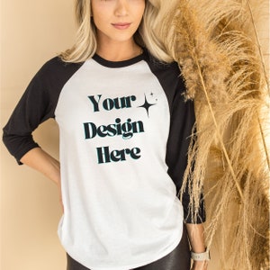 Black and White Raglan Shirt Mockup| Bella Canvas 3200 Mockup| 3 Quarter Sleeve Baseball Tee Mockup | Mountain Mocks | Boho Mockup