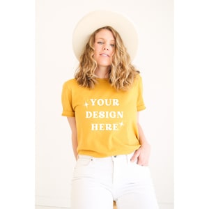 Bella Canvas 3001 Mockup | Bella Canvas Yellow Mockup | Model Tshirt Mockup, Boho T-shirt Mockup, Bella Canvas Model, Yellow T-shirt Mockup