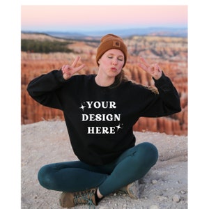 Gildan 18000 Mockup | Gildan Black Sweatshirt Mockup | Sweatshirt Model Mockup | Gildan Sweatshirt Mockup | Black Sweatshirt Mockup | Hiking