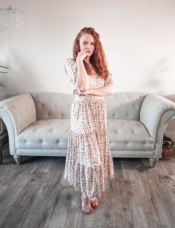 Modest Dress 3 Tiered Ruffle Skirt Dress With Full Volume With 3/4 Puff Sleeves and a Hidden Pocket on the Right-hand Side - Etsy Modest Dress 3 Tiered Ruffle Skirt Dress With Full Volume With 3/4 Puff Sleeves and a Hidden Pocket on the Right-hand Side - Etsy