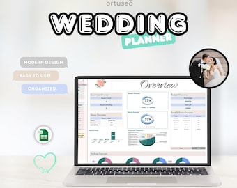 May include: A laptop displaying a wedding planner spreadsheet with the text "WEDDING PLANNER." The screen shows charts and graphs for budget and guest lists. Additional text includes "MODERN DESIGN," "EASY TO USE!" and "ORGANIZED."