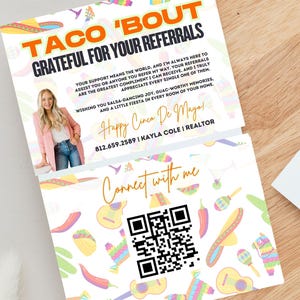 Taco 'Bout grato pelas suas indicações | Modelo Canva para corretor de imóveis | Personalizável e download instantâneo | Marketing para o Cinco de Mayo | Cartão postal
