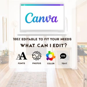 May include: A laptop screen displaying the Canva logo with the text "100% EDITABLE TO FIT YOUR NEEDS" and "WHAT CAN I EDIT?" below the logo. Four icons are displayed below the text: a letter "A" for fonts, a picture for photos, a color wheel for color, and a chat bubble for text.