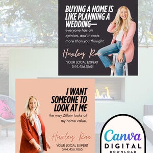 May include: Two digital marketing graphics for a real estate agent. The first graphic has a black background with white text that reads "Buying a home is like planning a wedding - everyone has an opinion, and it costs more than you thought." The second graphic has a peach background with black text that reads "I want someone to look at me the way Zillow looks at my home value." Both graphics feature a photo of the same woman, a real estate agent, and include her name and phone number.