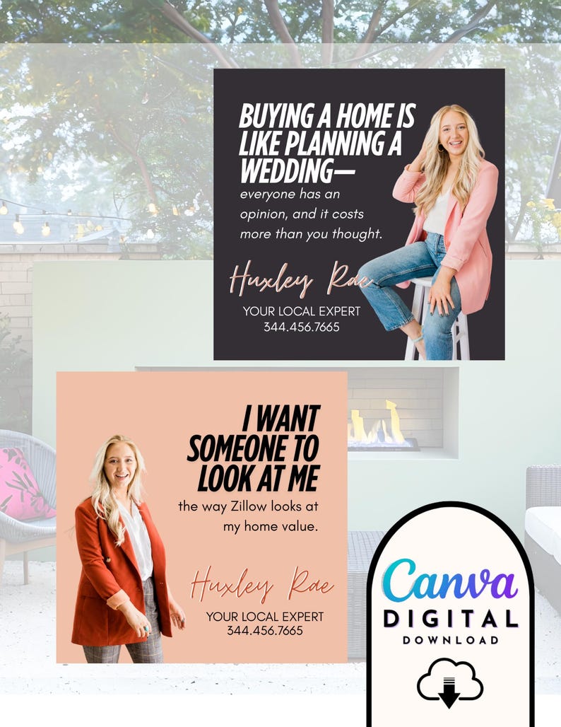 May include: Two digital marketing graphics for a real estate agent. The first graphic has a black background with white text that reads "Buying a home is like planning a wedding - everyone has an opinion, and it costs more than you thought." The second graphic has a peach background with black text that reads "I want someone to look at me the way Zillow looks at my home value." Both graphics feature a photo of the same woman, a real estate agent, and include her name and phone number.