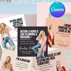 May include: Four colorful cards with a woman's photo on each. The text on the cards reads: "Getting under contract is like getting engaged", "Buying a home is like planning a wedding", "I'm a realtor", and "Buying a house is like assembling Ikea furniture".