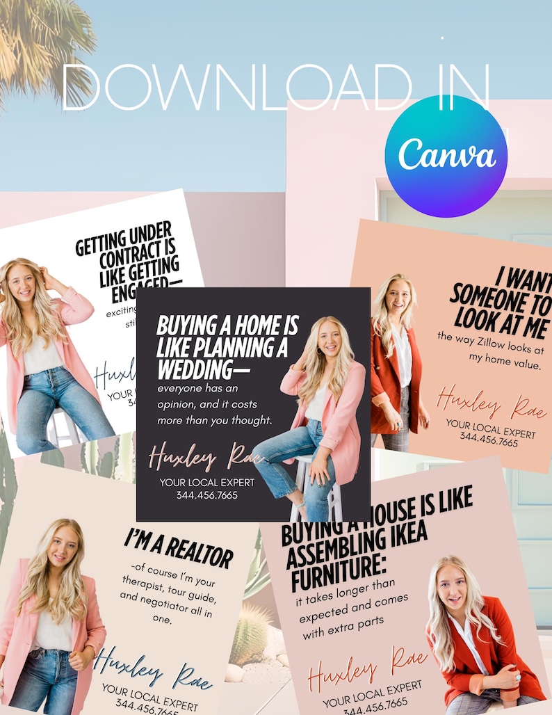 May include: Four colorful cards with a woman's photo on each. The text on the cards reads: "Getting under contract is like getting engaged", "Buying a home is like planning a wedding", "I'm a realtor", and "Buying a house is like assembling Ikea furniture".