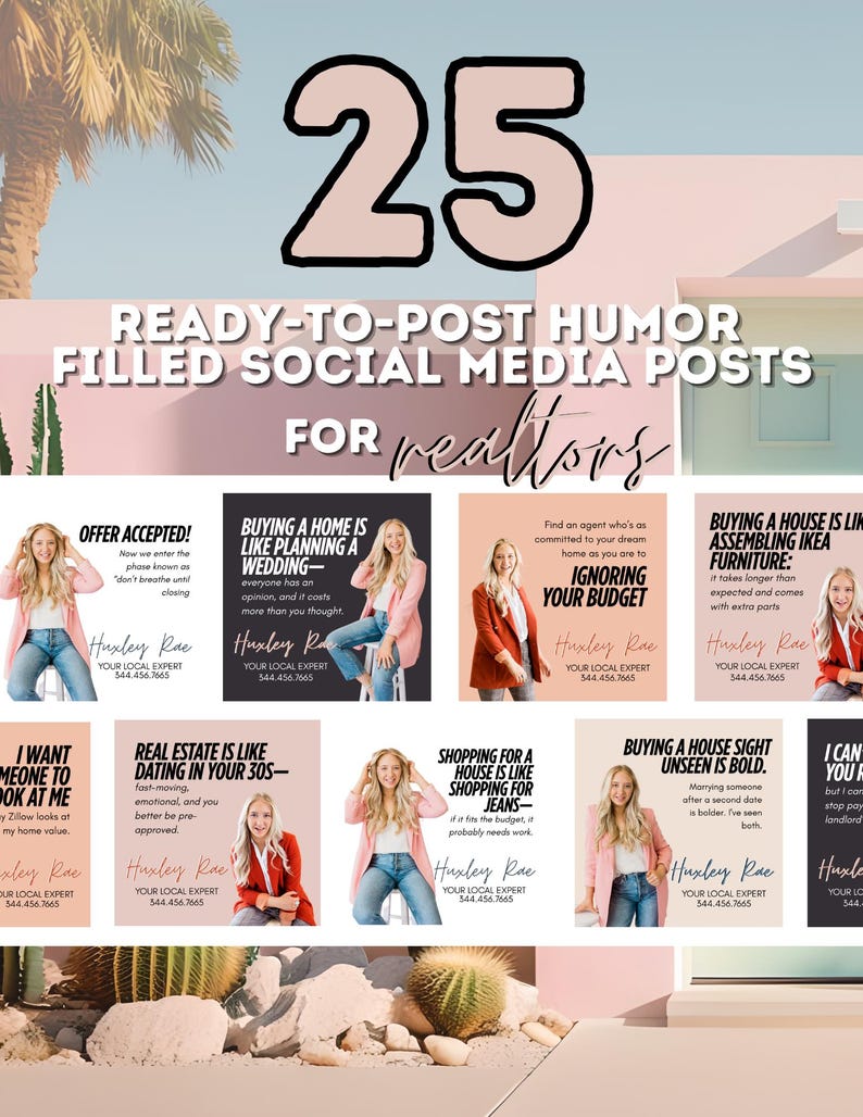 May include: A collage of nine colorful social media posts with humorous real estate advice for realtors. The posts feature a woman in different outfits and settings. The text on the posts includes phrases like "Buying a home is like planning a wedding", "Real estate is like dating in your 30s", and "Shopping for a house is like shopping for jeans".