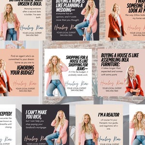 May include: A collage of nine colorful cards with a woman in each image. The cards feature text about buying a house, with phrases like "Buying a house sight unseen is bold." and "Buying a home is like planning a wedding." Each card has the name "Huxley Rae" and the text "Your Local Expert" with a phone number.