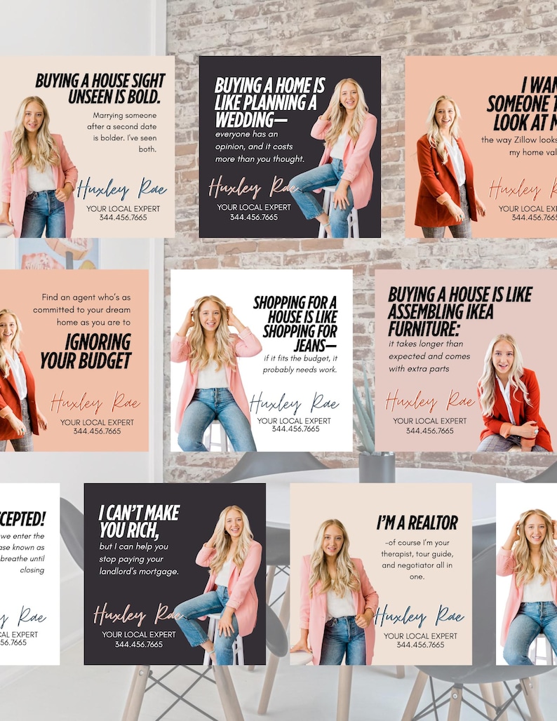 May include: A collage of nine colorful cards with a woman in each image. The cards feature text about buying a house, with phrases like "Buying a house sight unseen is bold." and "Buying a home is like planning a wedding." Each card has the name "Huxley Rae" and the text "Your Local Expert" with a phone number.