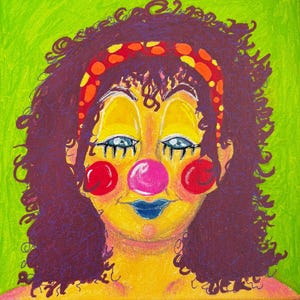 Handmade Cheerful Clown Girl Portrait, Technicolor and Lineless Art Style Painted with Acrylic