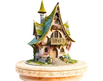 Könnte beinhalten: Ein skurriles Miniatur-Feenhaus mit einem grünen, moosbedeckten Dach, einem Steinkamin und einer Holztür. Das Haus ist mit rosa Blumen geschmückt und steht auf einem dekorativen Holzsockel mit einem Wirbeldesign. Das Design erinnert an ein Märchen.