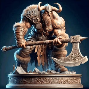 May include: An illustration of a Viking warrior, muscular and imposing, wielding a large axe. The warrior is clad in fur and leather armour, with a horned helmet. The axe has detailed carvings, and the figure stands on a stone base.