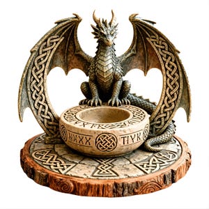 May include: A detailed dragon figurine with outstretched wings and a bowl-shaped center. The dragon is gray with brown accents, perched on a stone-like base with Celtic knot designs. The base has a wood-like edge.