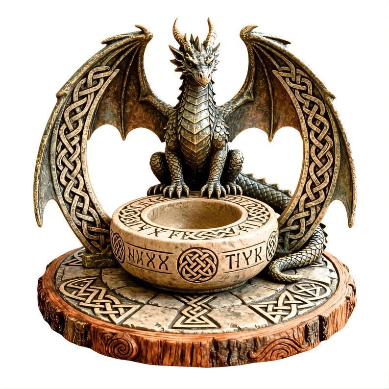 May include: A detailed dragon figurine with outstretched wings and a bowl-shaped center. The dragon is gray with brown accents, perched on a stone-like base with Celtic knot designs. The base has a wood-like edge.