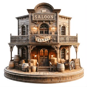 May include: A detailed wooden model of a saloon, featuring the word "SALOON" on a sign above the entrance. The building has a rustic design with balconies, barrels, and hay bales, evoking a Wild West theme. The model is set on a circular base.