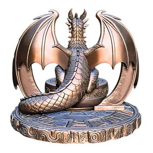 May include: Bronze-colored dragon statue with outstretched wings, perched on a decorative base. The dragon has detailed scales, horns, and a long tail. The base features intricate carvings and a circular design, creating a fantasy-themed sculpture.