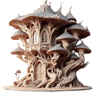 May include: A whimsical, light brown mushroom house with multiple levels and a detailed, textured design. The house features arched windows, a front door, and mushroom-shaped roofs. The structure is set on a light brown base, creating a fantasy-themed aesthetic.