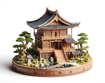 May include: A detailed wooden miniature of a Japanese temple with a dark roof, surrounded by miniature trees, a pond, and a stone bridge. The temple features multiple levels and intricate architectural details, set on a circular base.