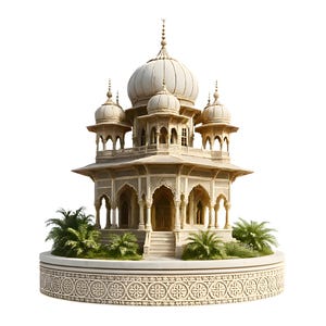 May include: A detailed, off-white miniature architectural model of an Indian palace or temple. The structure features multiple domes, arches, and intricate carvings. Palm trees and greenery surround the base, which is decorated with a floral pattern.