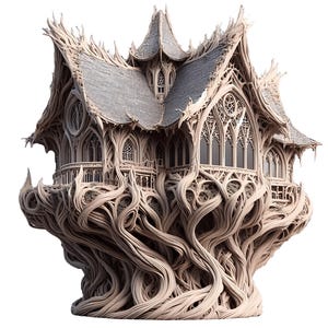 May include: A detailed, beige fantasy house with a grey roof. The house features intricate, gothic-style windows and is supported by a complex network of intertwined, root-like structures. The design evokes a whimsical, fairytale aesthetic.