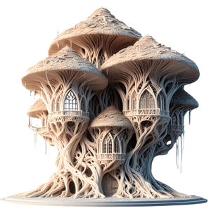 May include: A fantastical treehouse in light tones, featuring multiple mushroom-shaped roofs and complex, organic architecture. It has arched windows, balconies, and a textured, root-like base, evoking a fairytale atmosphere.