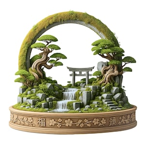 Puede incluir: Una escena de jardín japonés en miniatura con una cascada, escalones de piedra y una puerta torii. La escena está enmarcada por un arco cubierto de musgo y presenta árboles bonsái. La base es una maceta de madera con flores y caracteres japoneses.