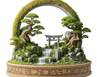May include: A miniature Japanese garden scene with a waterfall, stone steps, and a torii gate. The scene is framed by a moss-covered arch and features bonsai trees. The base is a wooden planter with floral and Japanese characters.
