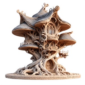 Puede incluir: Una caprichosa casa en el árbol de varios niveles con un diseño orgánico de color marrón claro. La estructura presenta tejados en forma de hongo, balcones y detalles intrincados en forma de raíz. Ventanas y una puerta tallada.