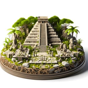 Puede incluir: Una maqueta en miniatura de una antigua pirámide maya con intrincadas tallas de piedra, rodeada de exuberante vegetación verde, palmeras y estatuas. El modelo está sobre una base circular con raíces expuestas.